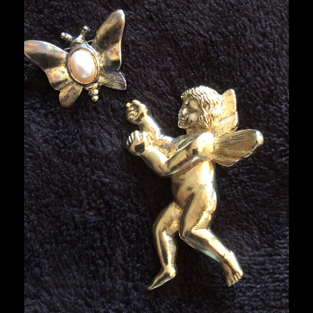 Two Vintage NJY Goldtone Brooches, GUC. Winged Angel & Butterfly With Faux Pearl